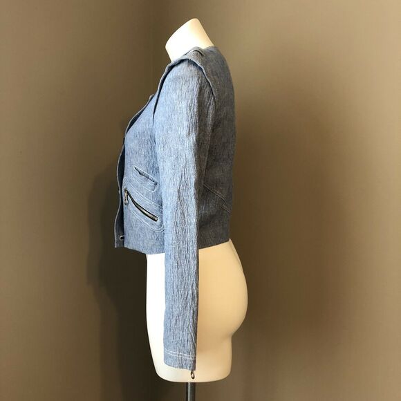 Bensoni Linen Jacket 0 Moto / Biker Cropped Light Blue Pockets Lined - Picture 5 of 12